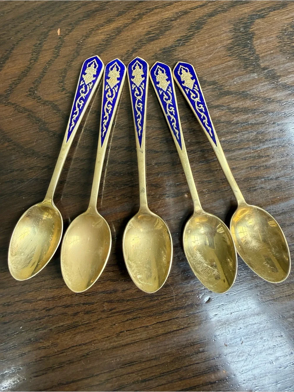 Vintage Thai Gold-Tone Blue Enamel Demitasse Spoons - Set of 5